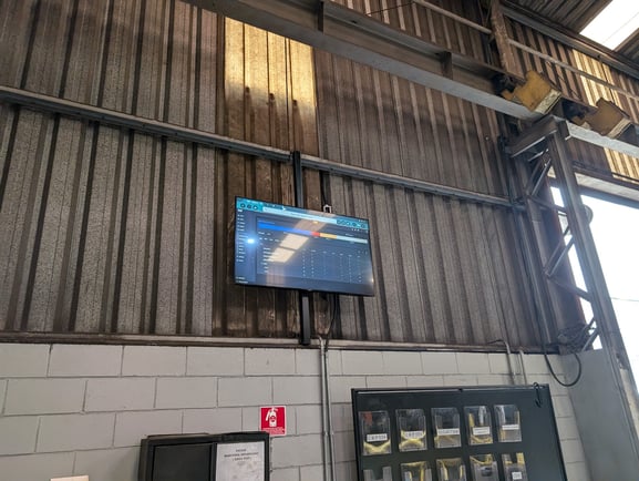 Digital KPI's on TV screens in factory